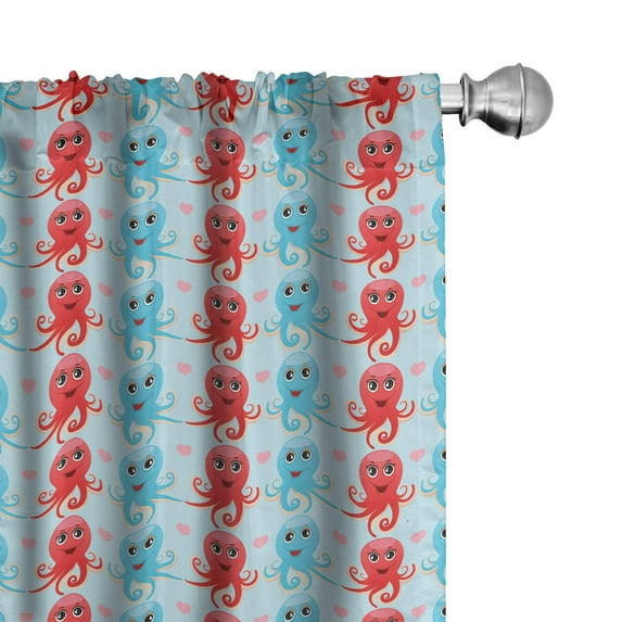 Ambesonne Octopus Window Curtains, Love Themed Animals, Each 28" W x 95" L, Dark Coral Pale Blue