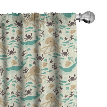 Ambesonne Octopus Curtains, Cartoon Sea Creatures, Pair of 28"x95", Dark Brown Turquoise