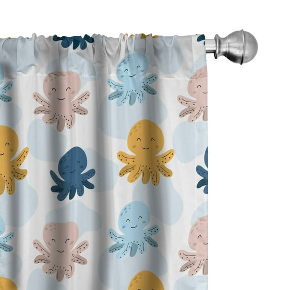 Ambesonne Octopus Curtains, Happy Marine Animals Art, Pair of 28"x63", Soft Blue and Earth Yellow