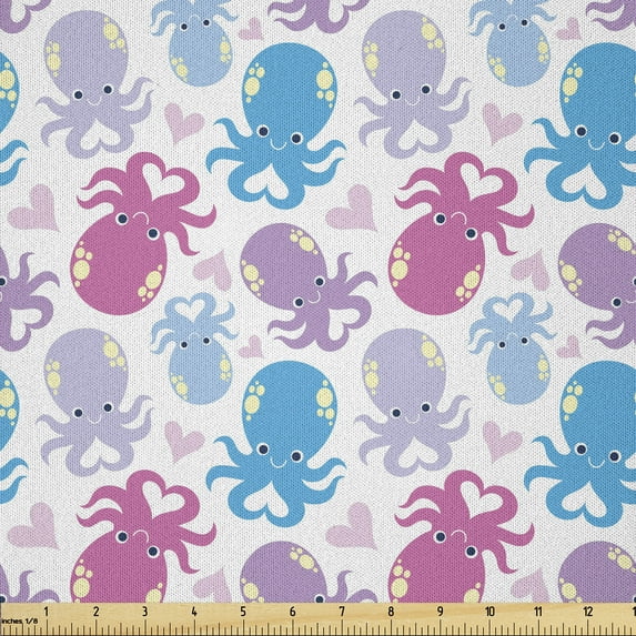 Ambesonne Octopus Fabric by the Yard Microfiber, Love Theme Creatures, 3 Yards, Lilac Pink and Blue