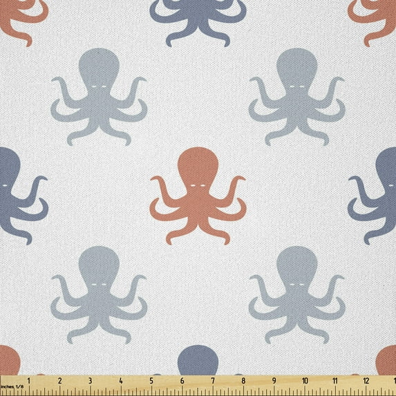 Ambesonne Octopus Fabric by the Yard Microfiber, Nautical Silhouettes, 2 Yards, Blue Grey Cinnamon