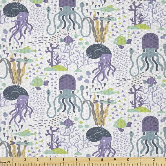 Ambesonne Octopus Fabric by the Yard Microfiber, Sea Animals Pattern Print, 3 Yards, Lavender Blue Violet