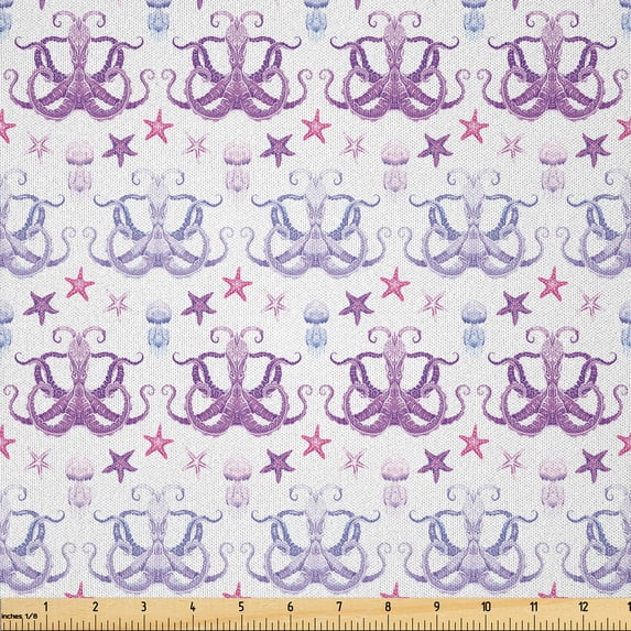 Ambesonne Octopus Fabric by the Yard Microfiber, Starfish Sea Animals Art, 1 Yard, Soft Pink Pale Fuchsia