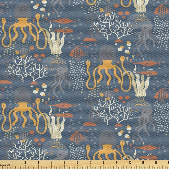 Ambesonne Octopus Fabric by the Yard Upholstery, Cartoon Sea Animals Corals, 10 Yards, Pale Orange Slate Blue