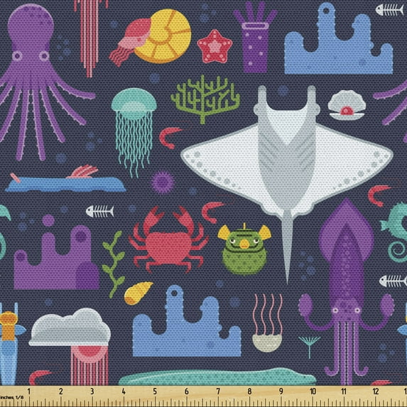 Ambesonne Octopus Fabric by the Yard Upholstery, Exotic Aquatic Cartoon, 5 Yards, Multicolor
