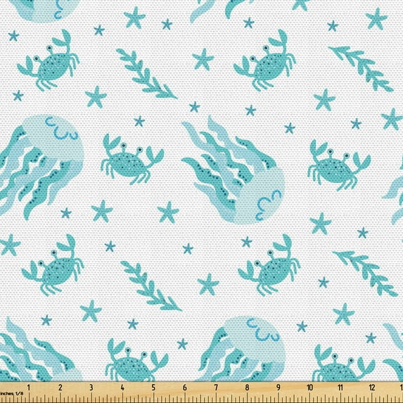 Ambesonne Octopus Fabric by the Yard Upholstery, Jellyfish Crabs Starfish, 2 Yards, Soft Blue Pale Teal