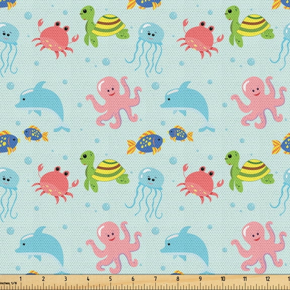 Ambesonne Octopus Fabric by the Yard Upholstery, Jellyfish Sea Turtle Crab, 1 Yard, Sky Blue Pale Pink