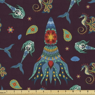 Ambesonne Octopus Fabric by the Yard Upholstery, Mermaid Style, 2 Yards, Multicolor
