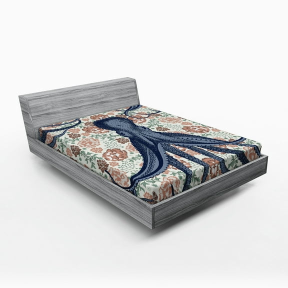 Ambesonne Octopus Fitted Sheet, Animal on Retro Flowers, Full Size, Multicolor