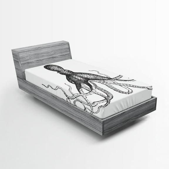Ambesonne Octopus Fitted Sheet, Aquatic Animal Sketch, Twin Size, White Charcoal Grey