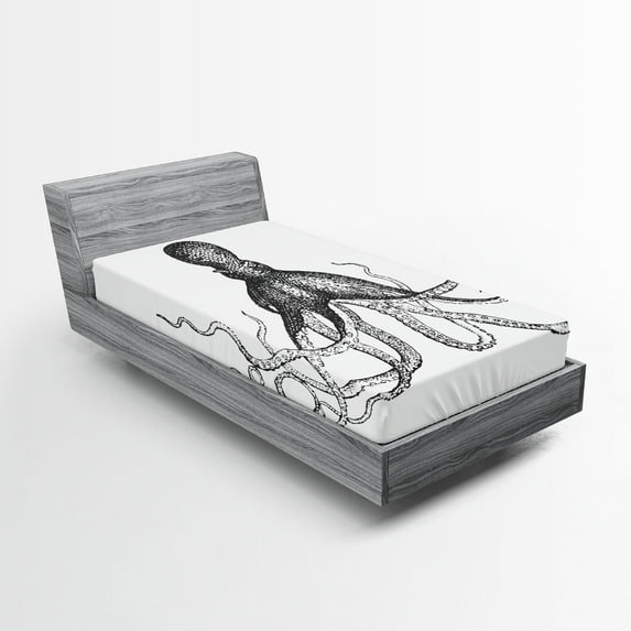 Ambesonne Octopus Fitted Sheet, Aquatic Animal Sketch, Twin Size, White Charcoal Grey