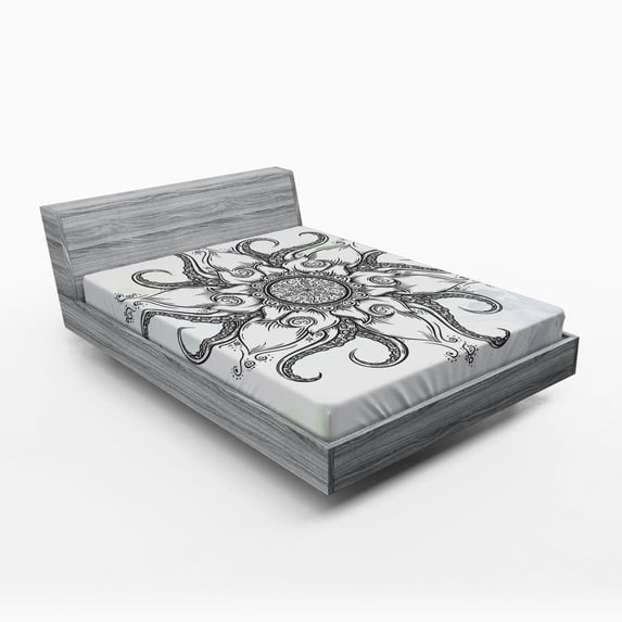 Ambesonne Octopus Fitted Sheet, Drawn Mandala Flower, Full Size, Grey White