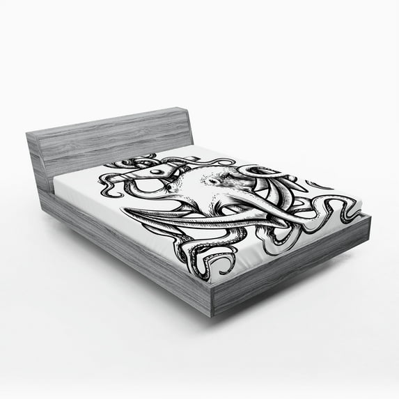 Ambesonne Octopus Fitted Sheet, Nautical Theme Anchor, Full Size, Black White