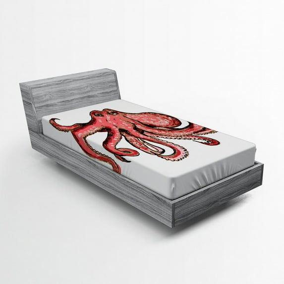 Ambesonne Octopus Fitted Sheet, Pink Watercolor Animal, Twin Size, Red Pink