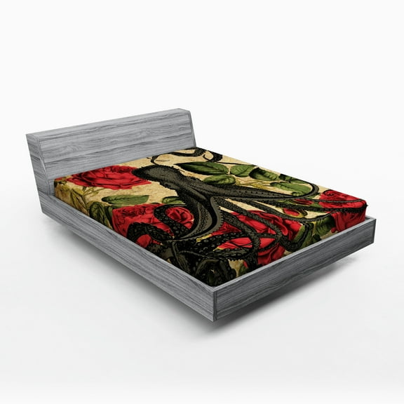 Ambesonne Octopus Fitted Sheet, Roses Marine Animal, Queen Size, Brown Charcoal Grey