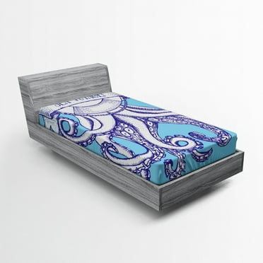 Ambesonne Octopus Fitted Sheet, Vintage Style, Twin Size, Purple Blue