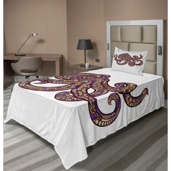 Ambesonne Octopus Fitted & Top Sheet Set with Sham, Patterns, Purple Mustard