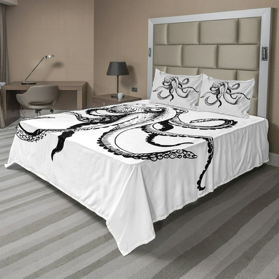 Ambesonne Octopus Fitted & Top Sheet Set with Shams, Comic Funny Art Doodle, Black White