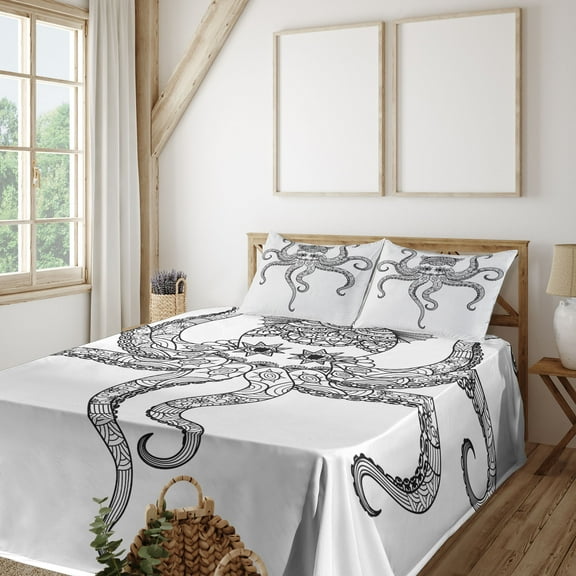 Ambesonne Octopus Fitted & Top Sheet Set with Shams, Mandala Ethnic, Black White