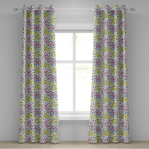 Ambesonne Octopus Grommet Curtain, Cartoon Underwater Animals, 50" x 120", Pink Yellow Pale Blue