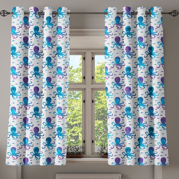 Ambesonne Octopus Grommet Curtain, Polygonal Animal Design, 50" x 54", Blue Purple White