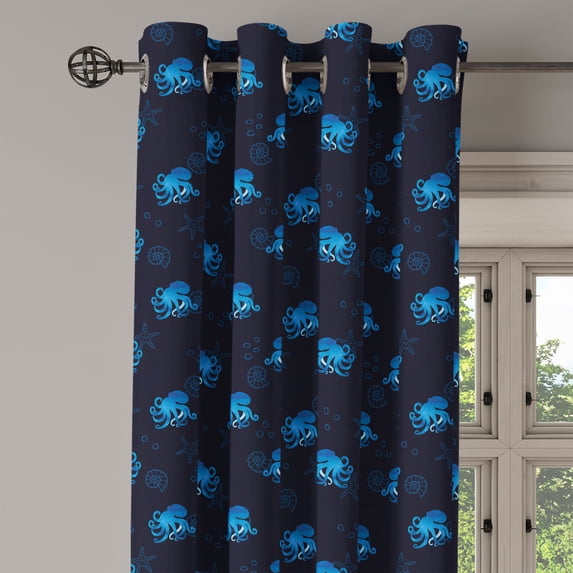 Ambesonne Octopus Grommet Curtain Single Panel, Ocean Inhabitants, 50"x60", Blue Dark Blue