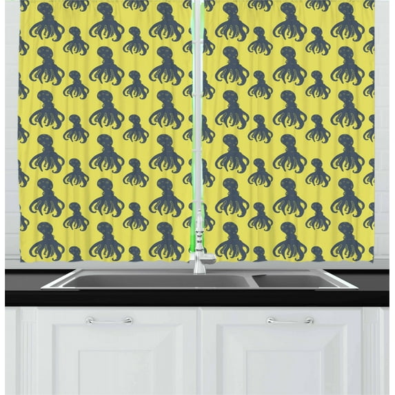 Ambesonne Octopus Kitchen Curtains, Abstract Characters, 55"x39", Pale Yellow Cadet Blue