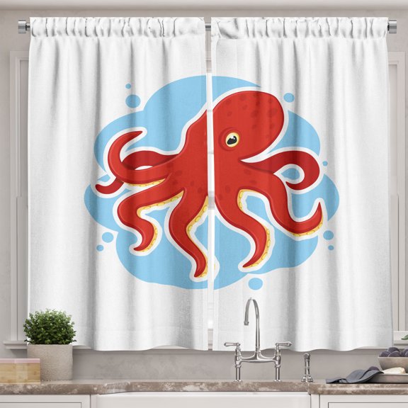 Ambesonne Octopus Kitchen Curtains, Cartoon Sea Animal Drawing, 55"x45", Scarlet Pale Sky Blue