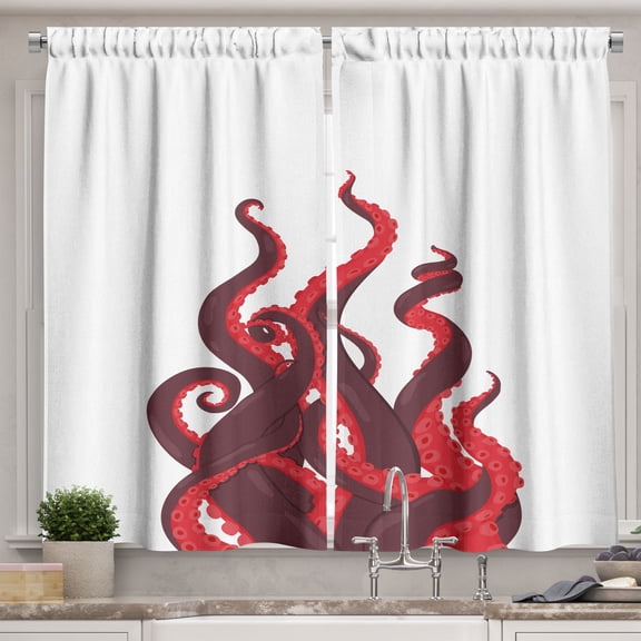 Ambesonne Octopus Kitchen Curtains, Colorful Animal Tentacles, 55"x30", Dark Pink Pale Maroon