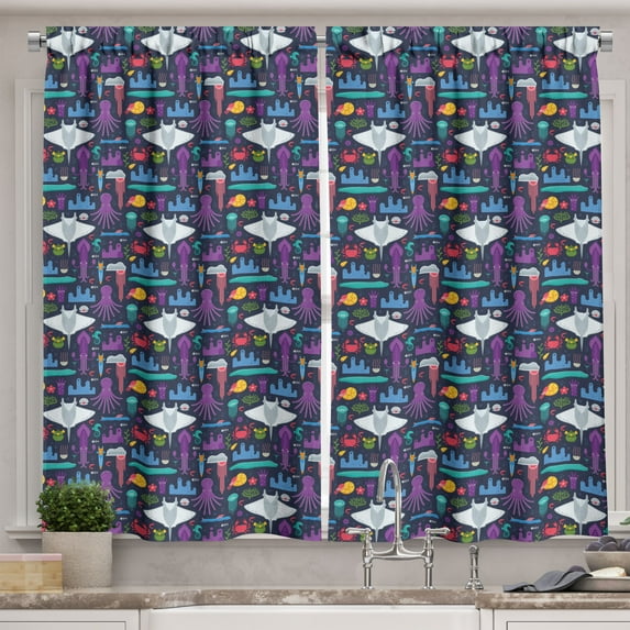 Ambesonne Octopus Kitchen Curtains, Exotic Aquatic Cartoon, 55"x39", Multicolor