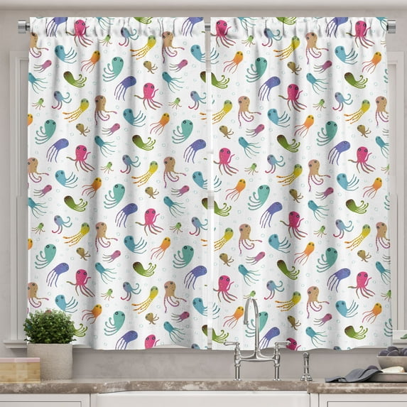 Ambesonne Octopus Kitchen Curtains, Maritime Cartoon Style, 55"x39", Multicolor