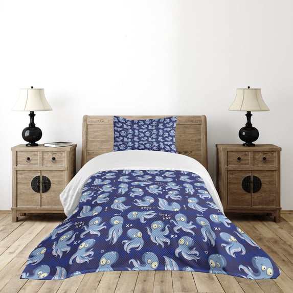 Ambesonne Octopus Quilted Bedspread Set 2 Pcs, Cartoon Style Wildlife, Twin Size, Multicolor