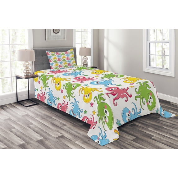 Ambesonne Octopus Quilted Bedspread Set 2 Pcs, Cheerful Ocean Animals, Twin Size, Multicolor