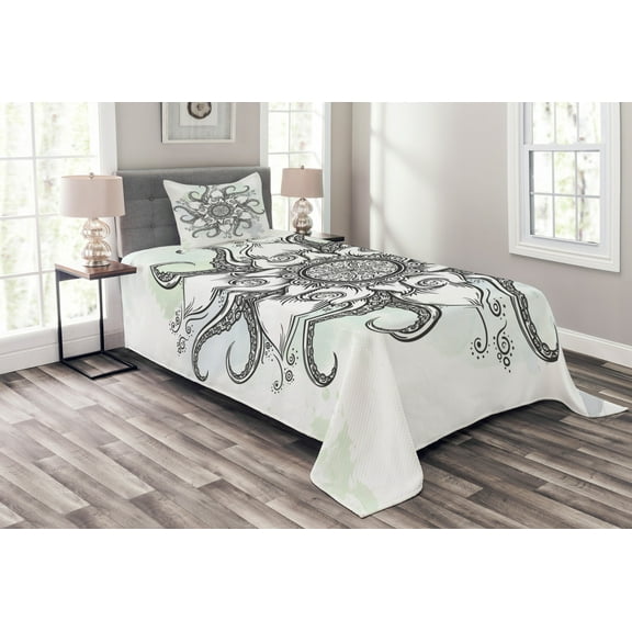 Ambesonne Octopus Quilted Bedspread Set 2 Pcs, Drawn Mandala Flower, Twin Size, Grey White