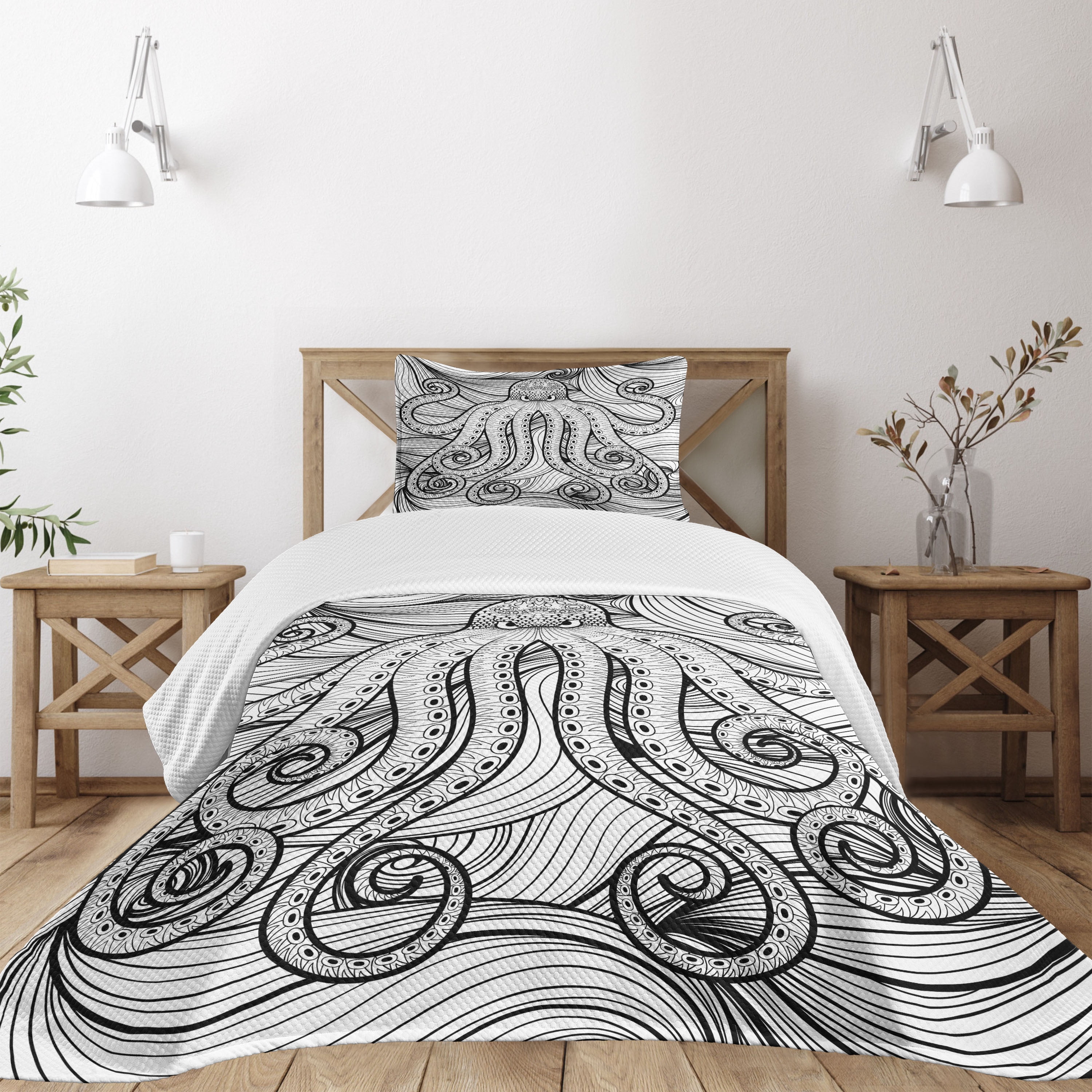 Twin White Quilted Bedspread Set with Mandala Design