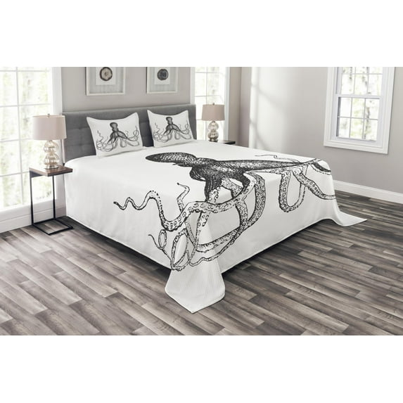 Ambesonne Octopus Quilted Bedspread Set 3 Pcs, Aquatic Animal Sketch, King Size, White Charcoal Grey