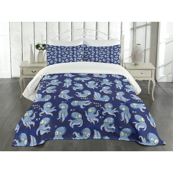 Ambesonne Octopus Quilted Bedspread Set 3 Pcs, Cartoon Style Wildlife, King Size, Multicolor