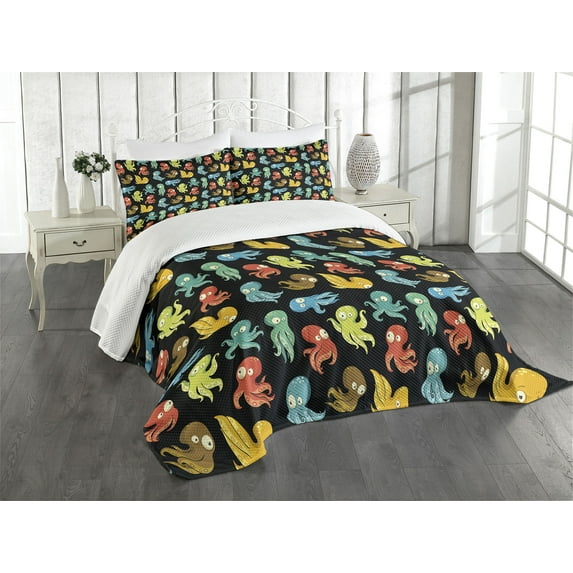 Ambesonne Octopus Quilted Bedspread Set 3 Pcs, Funny Sea Characters, Queen Size, Multicolor