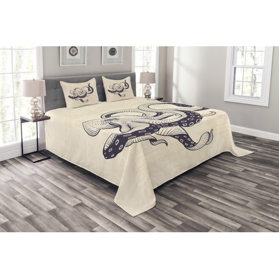 Ambesonne Octopus Quilted Bedspread Set 3 Pcs, Grunge Vintage Animal, Queen Size, Eggplant and Beige