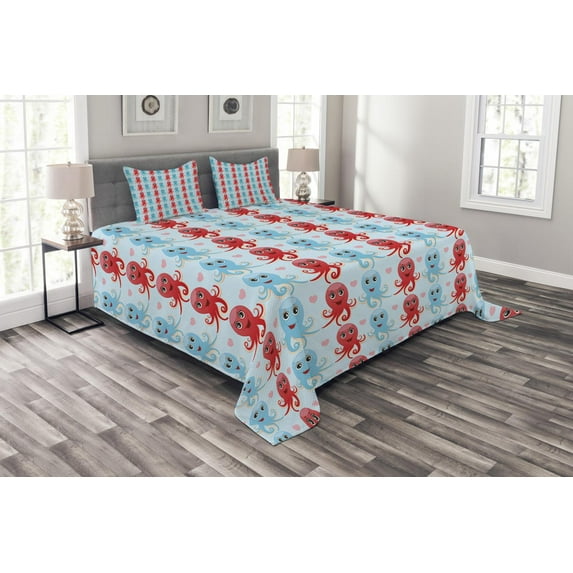 Ambesonne Octopus Quilted Bedspread Set 3 Pcs, Love Themed Animals, Queen Size, Dark Coral Pale Blue