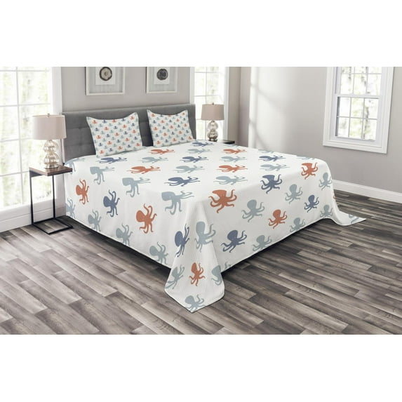 Ambesonne Octopus Quilted Bedspread Set 3 Pcs, Nautical Silhouettes, King Size, Blue Grey Cinnamon
