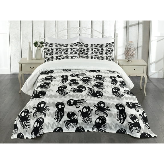 Ambesonne Octopus Quilted Bedspread Set 3 Pcs, Wildlife in Sea Cartoon, King Size, Black Grey White