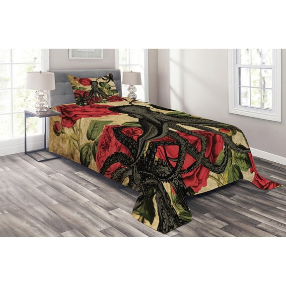 Ambesonne Octopus Quilted Coverlet 2 Pcs, Roses Marine Animal, Twin Size, Brown Charcoal Grey