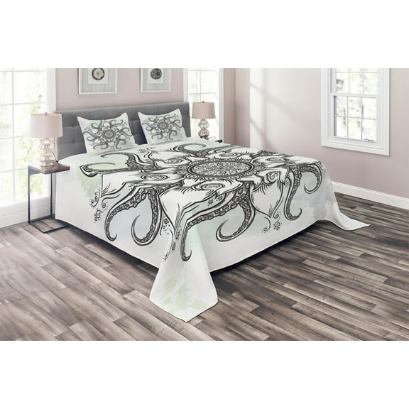 Ambesonne Octopus Quilted Coverlet 3 Pcs, Drawn Mandala Flower, Queen Size, Grey White