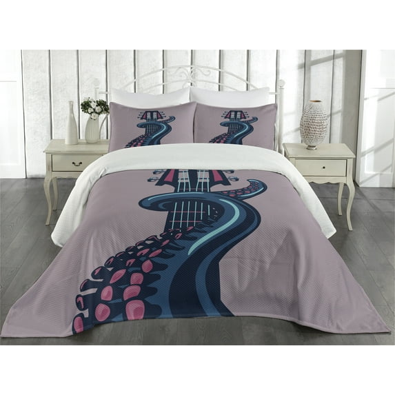 Ambesonne Octopus Quilted Coverlet 3 Pcs, Guitar Music, King Size, Lilac Blue