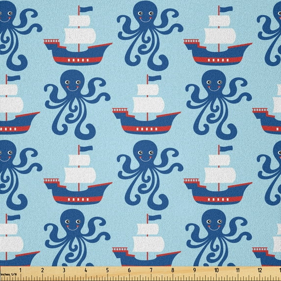 Ambesonne Octopus Ship Fabric by the Yard Microfiber, Marine Ocean Ships, 10 Yards, Pale Blue Night Blue