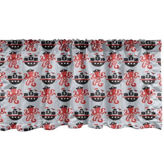 Ambesonne Octopus Ship Window Valance, Pirate Ship and Animal, 42" x 18", Pale Grey and Vermilion