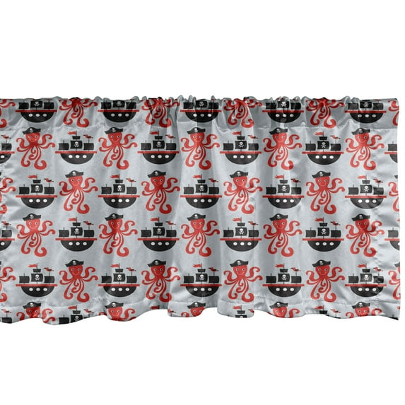 Ambesonne Octopus Ship Window Valance, Pirate Ship and Animal, 54" X 18", Pale Grey and Vermilion