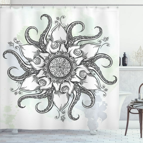 Ambesonne Octopus Shower Curtain, Drawn Mandala Flower, 69"Wx75"L, Grey White