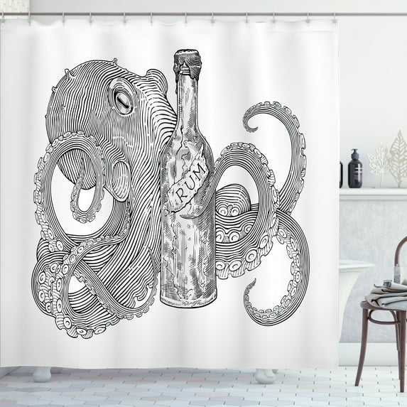 Ambesonne Octopus Shower Curtain, Sea Animal Holding a Bottle, 69"Wx84"L, White Charcoal Grey